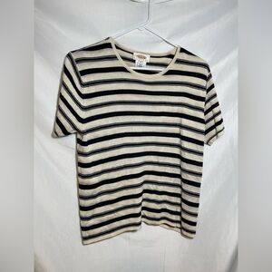Classic Minimalist Workwear 100% Silk Talbots Black and Cream Striped Knit Top